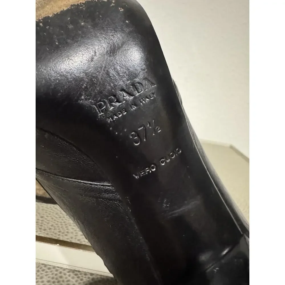 PRADA Y2K Pumps Heel Leather Black Point Toe Cutout Sz 37.5 / 7.5